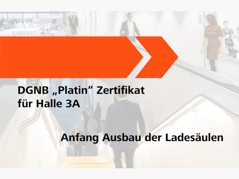 2014: DGNB "Platin" Zertifikat für Halle 3A und Anfang Ausbau der Ladesäulen